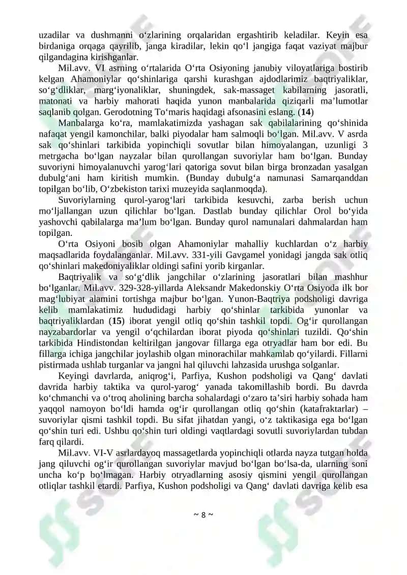 O`zbekistonda Harbiy Ish va San'ati Tarixi Maxsus Kursi 8