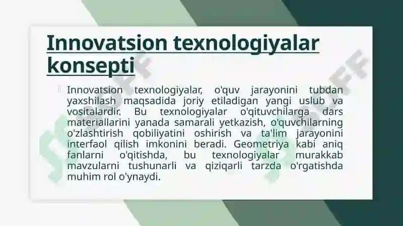 Geometriya fanini oʻqitishda ta’lim oluvchilarni faolligini oshirishda innovatsion texnologiyalardan foydalanib darslarni tashkil etish. 8