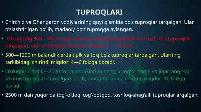 IQLIMI, SUVLARI, TUPROQLARI,O‘SIMLIKLARI VA HAYVONOT DUNYOSI 8