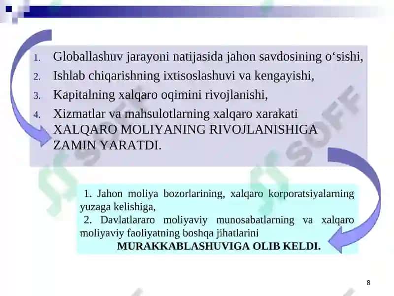 Jahon iqtisodiyoti rivojlanishida xalqaro moliya munosabatlarining roli 8