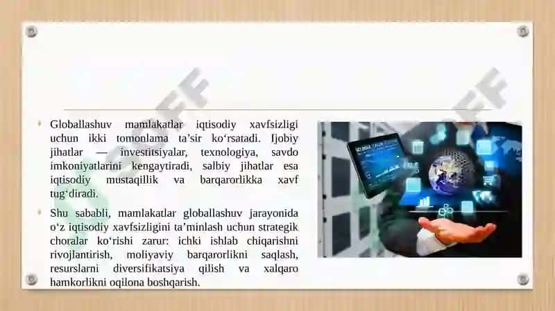GLOBALLASHUVNING MAMLAKATLAR IQTISODIY XAVFSIZLIGIGA TA'SIRI. 8
