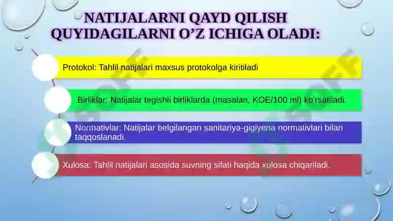 chiqindi suvlarini sanitar-bakteriologik va sanitar-gidrobiologik tahlil o’tkazish tartibi va natija 8