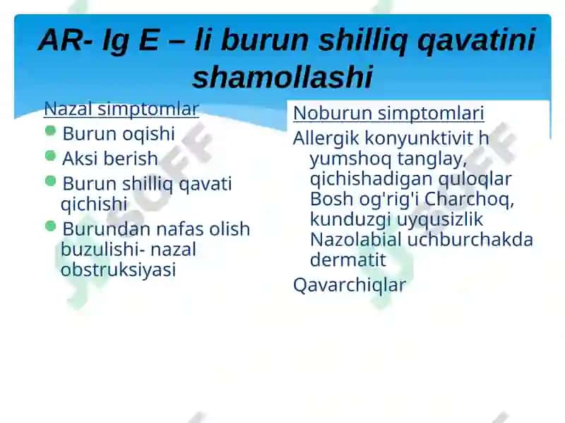 Pollinoz. Allergik rinit. Etiologiya, patogenez, diagnostika va davolash. UASh zamonaviy taktikasi 8