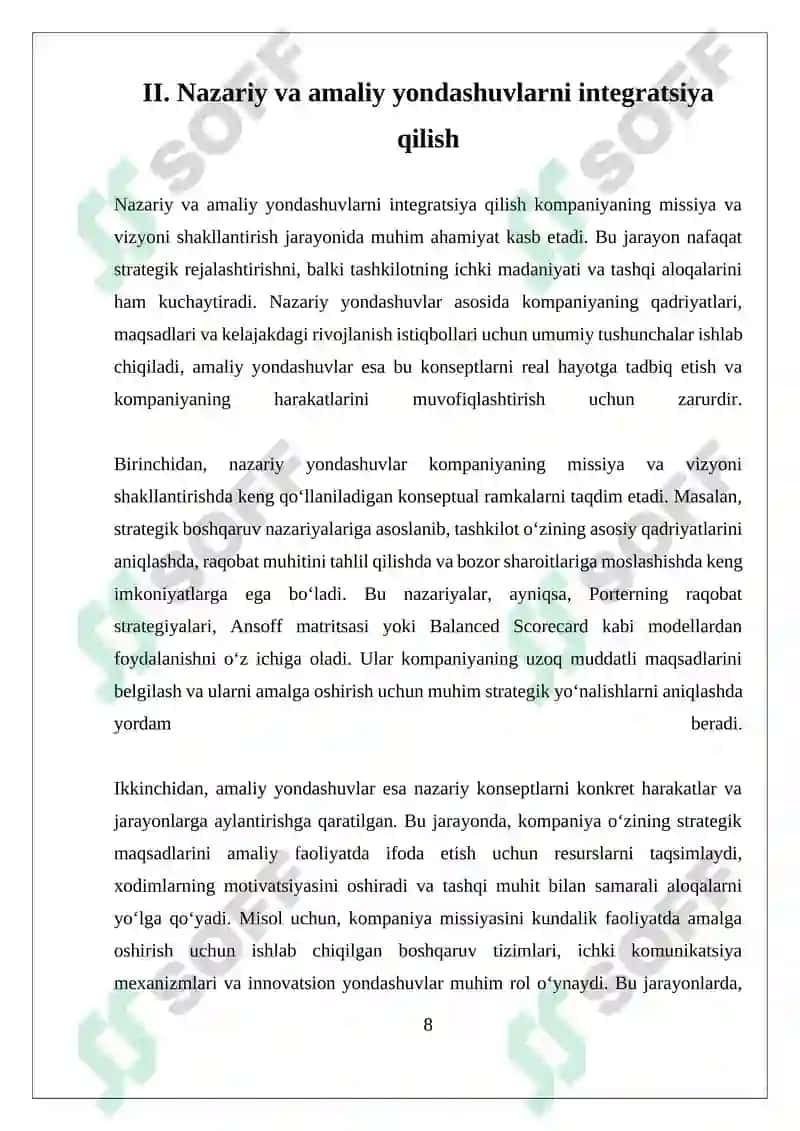 Kompaniyaning missiya va vizyoni shakllantirish 8