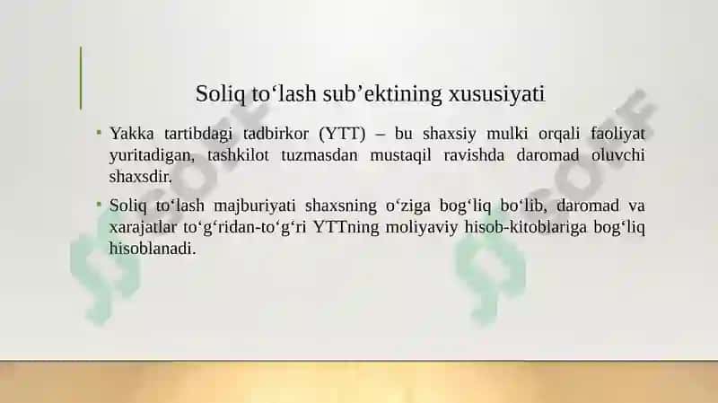 Yakka tartibdagi tadbirkorlarning daromadlariga soliq solishning o'ziga xos xususiyatlari 8