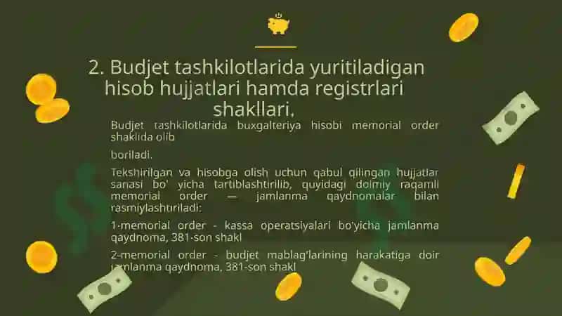 Davlat budjeti va davlat maqsadli jamg'armalari budjeti ijrosi bo'yicha budjet hisobini tashkil etish 8