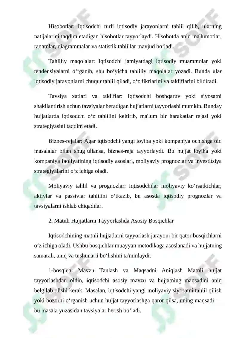 Iqtisodchining kasbiy muammolarini hal qilish uchun matnli hujjatlarni tayyorlash 8