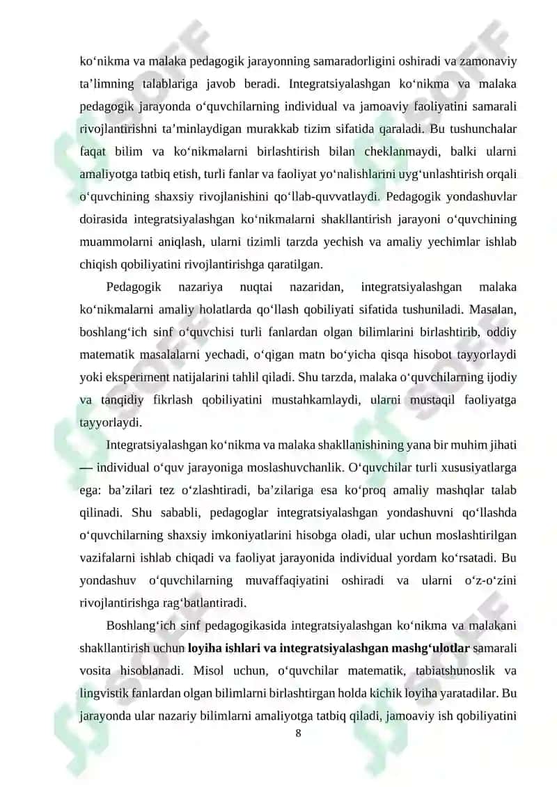 BOSHLANG’ICH SINFDA INTEGRATSIYALASHGAN KO’NIKMA VA MALAKA HOSIL QILISHNING O’ZIGA XOSLIGI 8