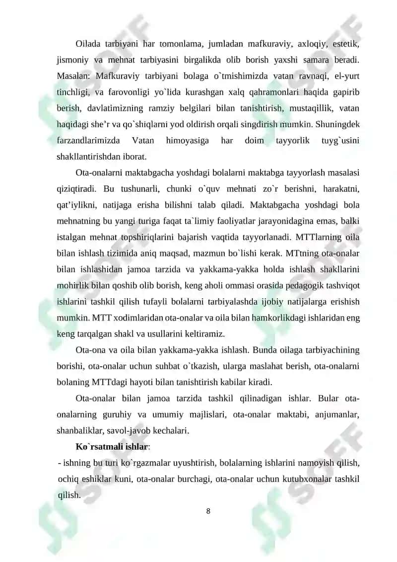 MAKTABGACHA TA’LIM MUASSASASI, OILA VA MAKTAB HAMKORLIGI 8