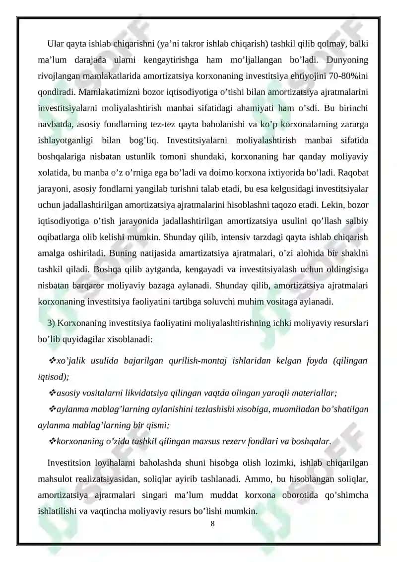 Investitsiya faoliyatini moliyalashtirish manbalari va usullari 8