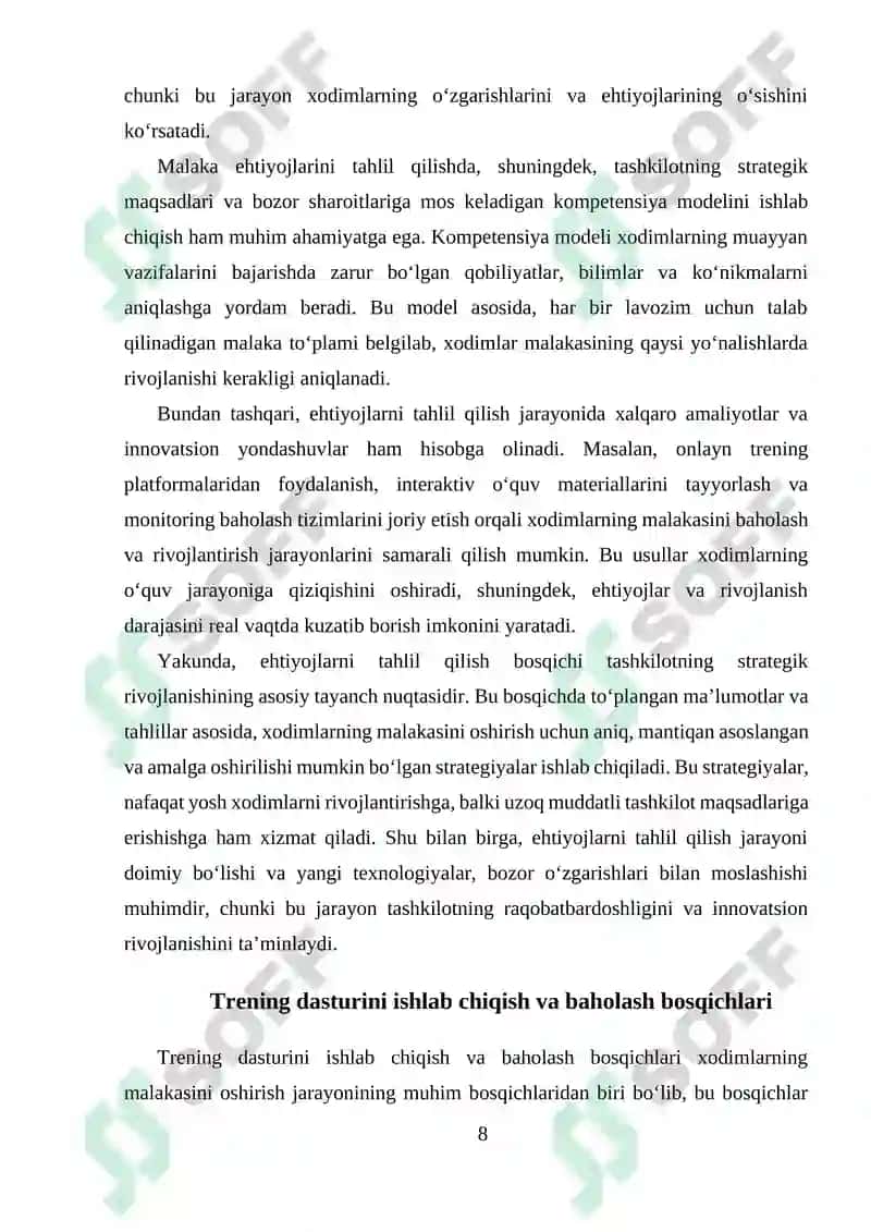 Xodimlar malakasini oshirish boʻyicha trening dasturi ishlab chiqish, muammoni aniqlash yechimlarini loyiha shaklida tayyorlash 8