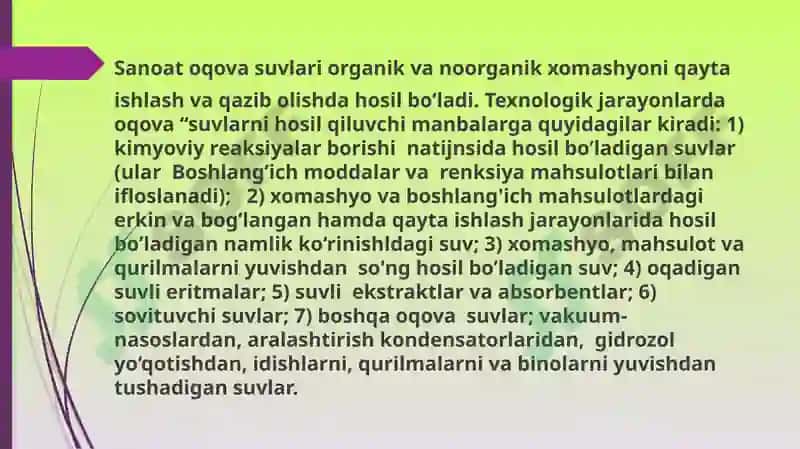 Tabiiy va sanoat oqava suvlarini tozalashda koagullanishni qo’llanilishi. 8