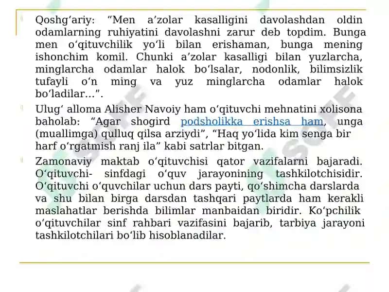 Oʻqituvchi kasbining tarixiy taraqqiyoti va uning jamiyatda tutgan oʻrni. Pedagogik fikr tarixi va maktab amaliyotida oʻqituvchi mahorati masalalari 8