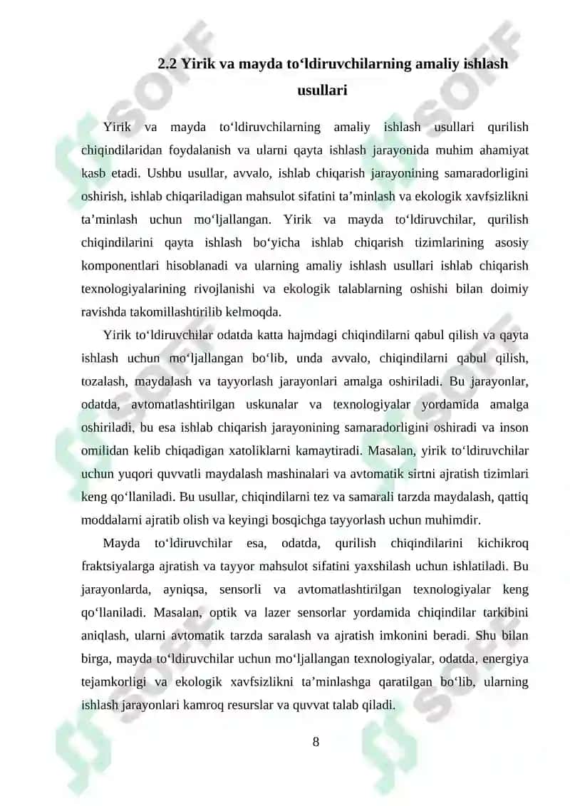 Qurilish chiqindilaridan unumdorligi 250 ming m3 bo‘lgan yirik va mayda to‘ldiruvchilar ishlab chiqarish sexining texnologik tizimlari 8