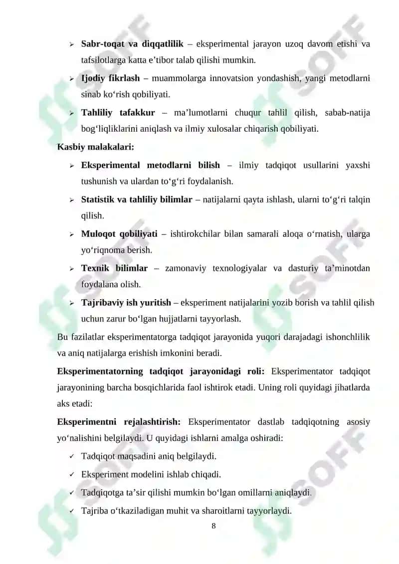 Ekspremantal muomila. Eksprementator va uning shaxsi va faoliyati 8
