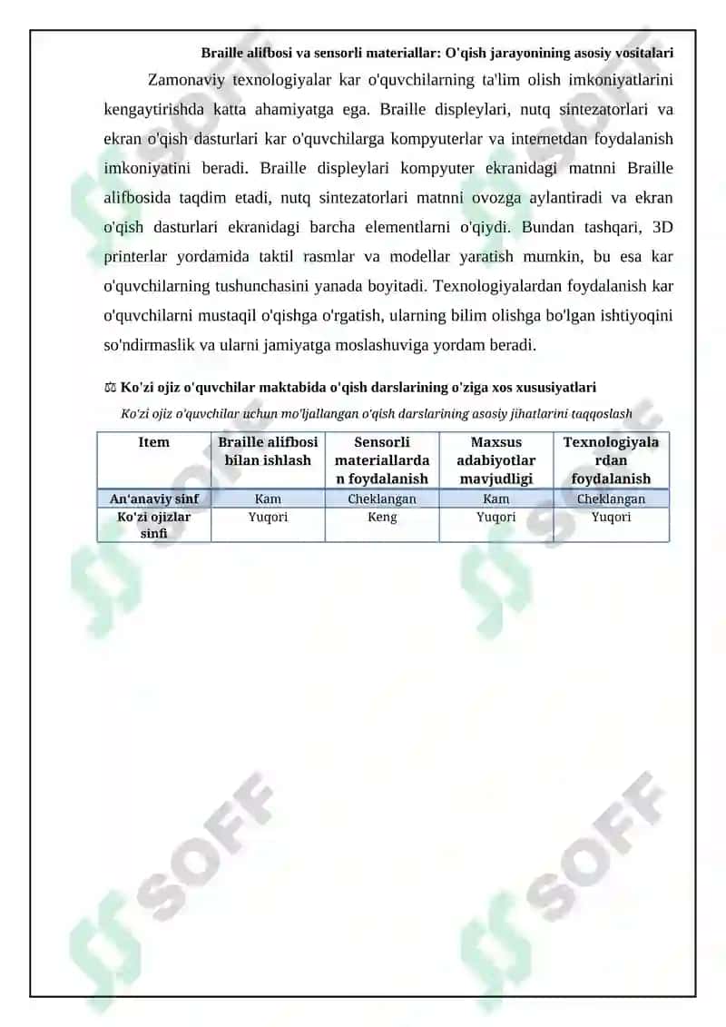 Braille alifbosi va sensorli materiallar: O'qish jarayonining asosiy vositalari 8