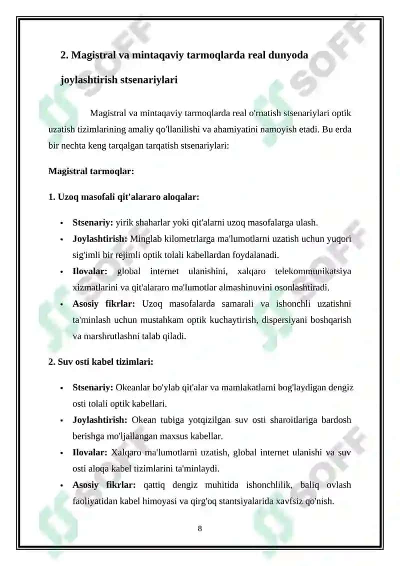Magistral va regional tarmoqlarda qoʻllaniladigan raqamli optik uzatish tizimlari 8