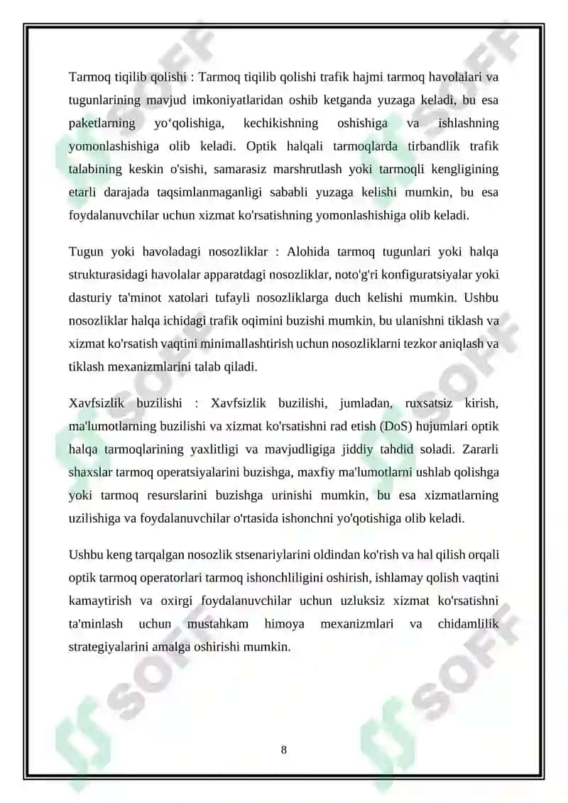 Optik aloqa tizimlarida halqa tuzilishini himoyalash usullari tahlili 8