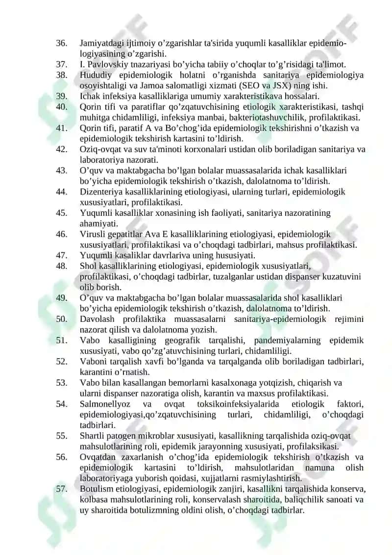 Tibbiy profilaktika ishi (Epidemiolog vrach yordamchilari uchun) mutaxassisligi bo'yicha shakllantirilgan og’zaki savollar ro'yxati 8