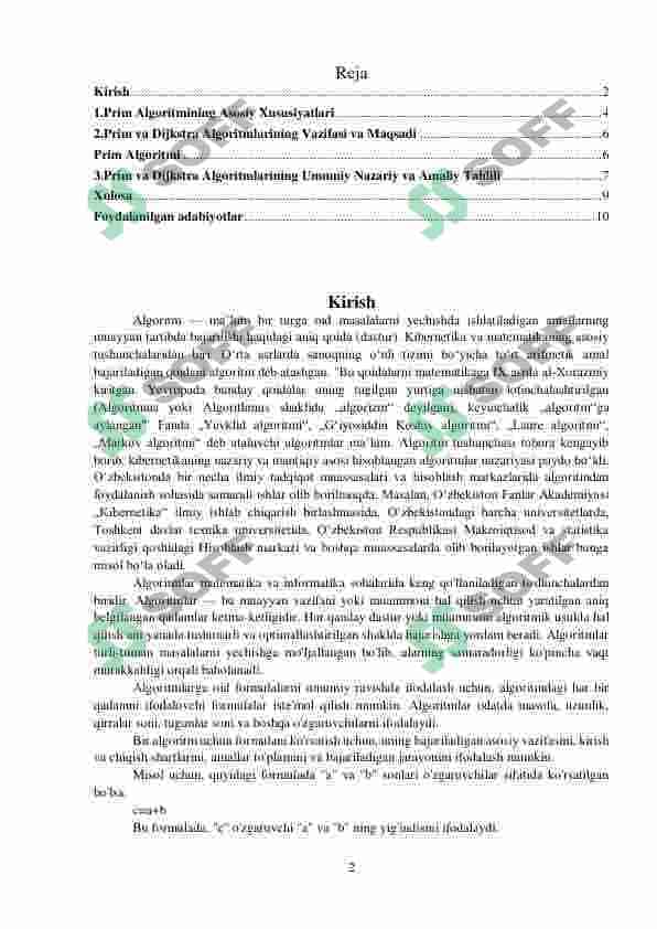 Prima-Deykstra algoritmi. Uni vaqt bo'yicha baholash mavzusi bo’yicha 2