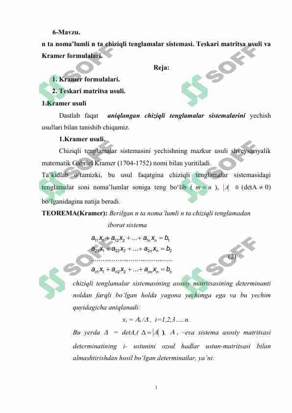 chiziqli tenglamalar sistemasi.. Teskari matritsa usuli va Kramer formulalari.