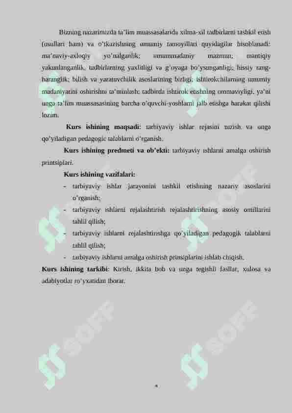 TARBIYAVIY ISHLARNI REJALASHTIRISH BO’YICHA ISHLANMA LOYIHASI 4