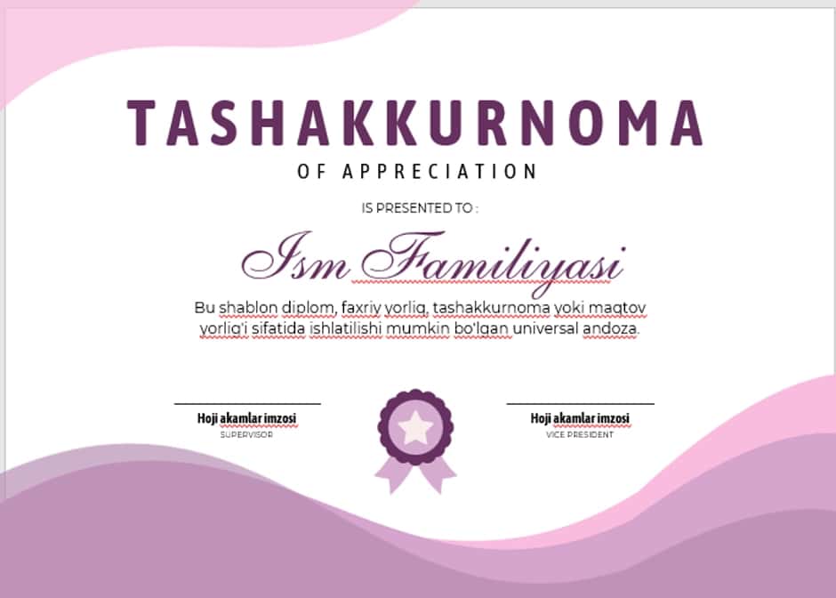 TASHAKKURNOMA shablon tayyori andoza 2