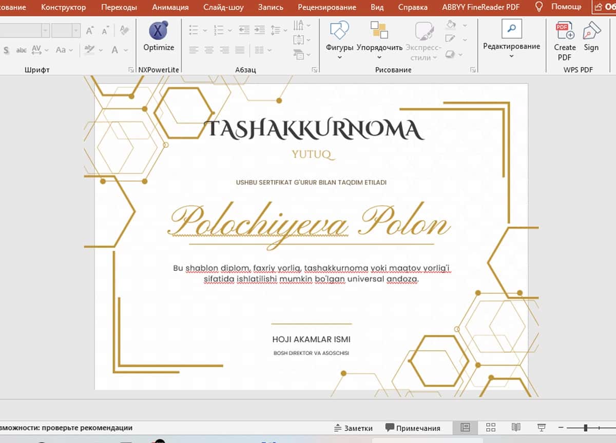 TASHAKKURNOMA shablon tayyor andoza 2