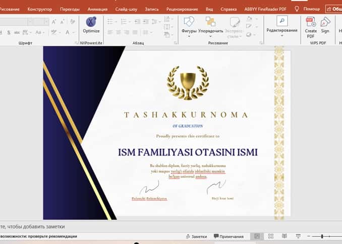 TASHAKKURNOMA shablon tayyori andoza 2