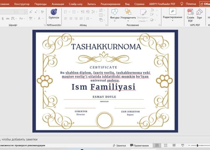 TASHAKKURNOMA shablon tayyori andoza 2