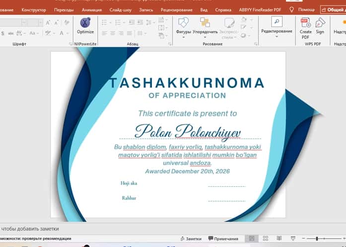 TASHAKKURNOMA shablon tayyori andoza 2