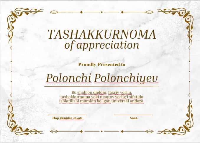 TASHAKKURNOMA shablon tayyori andoza 1
