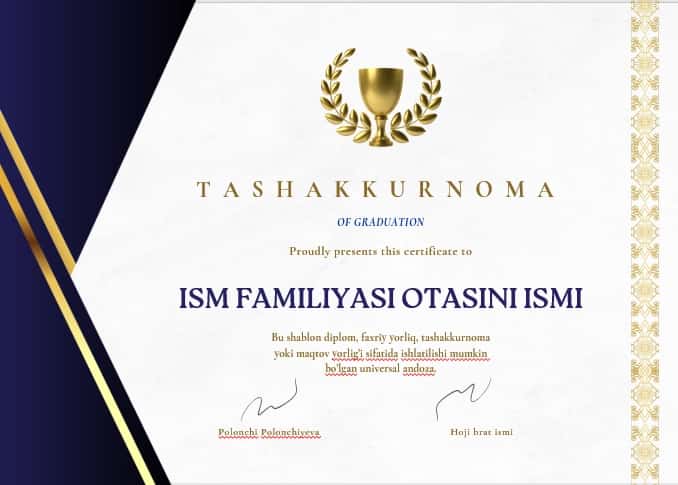 TASHAKKURNOMA shablon tayyori andoza 1