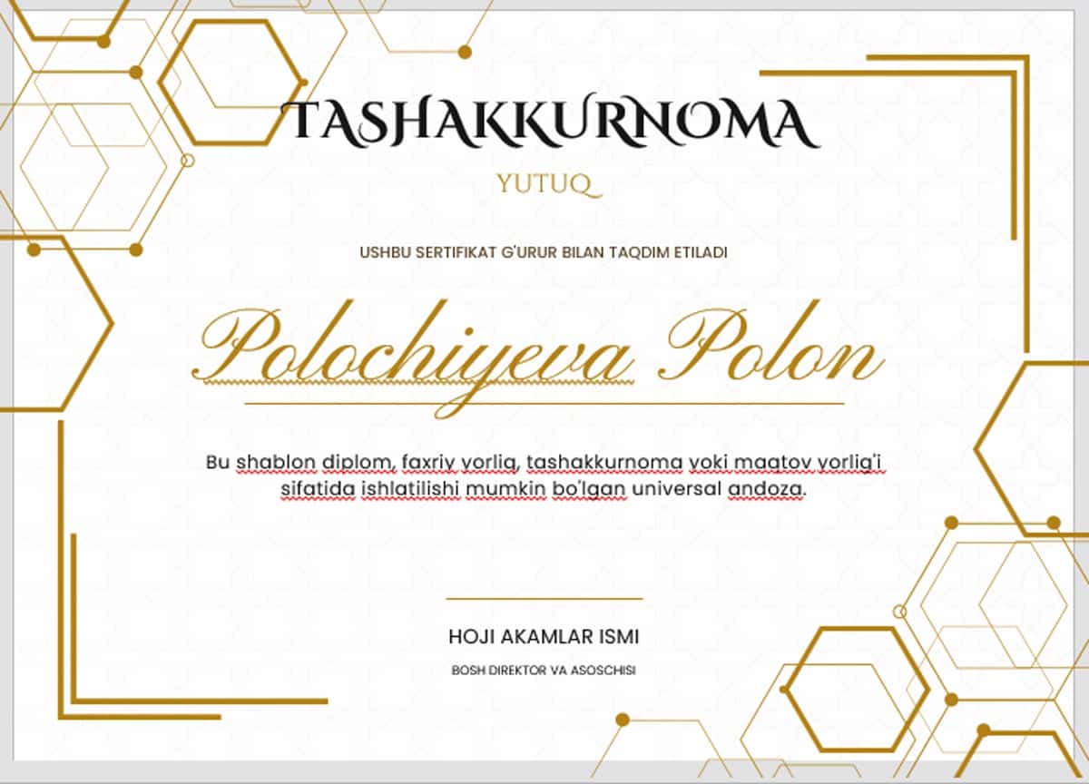 TASHAKKURNOMA shablon tayyor andoza 1