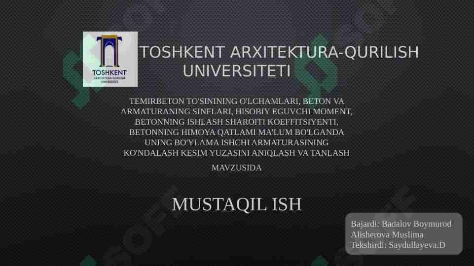 Temirbeton to'sinining o'lchamlari, beton va armaturaning sinflari, hisobiy eguvchi moment, betonning ishlash sharoiti koeffitsiyenti.