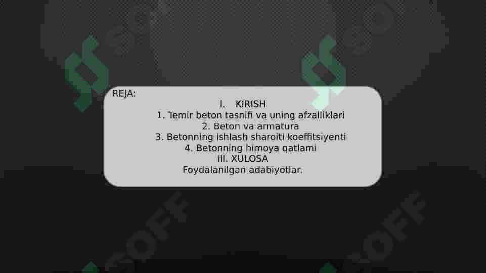 Temirbeton to'sinining o'lchamlari, beton va armaturaning sinflari, hisobiy eguvchi moment, betonning ishlash sharoiti koeffitsiyenti. 3