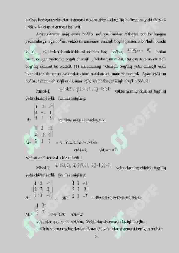 Chiziqli erkli va chiziqli bog’lanishli vektorlar 5
