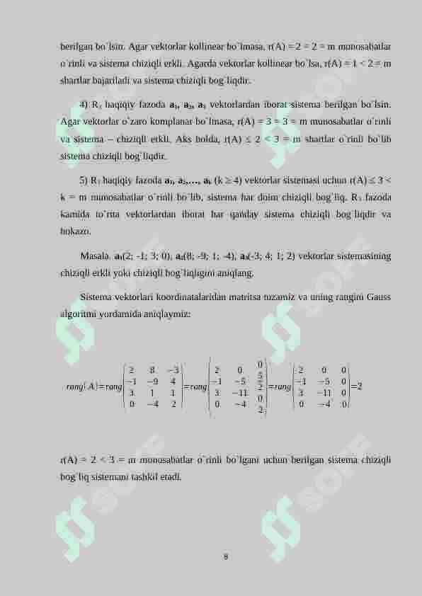 Chiziqli erkli va chiziqli bog’lanishli vektorlar 8