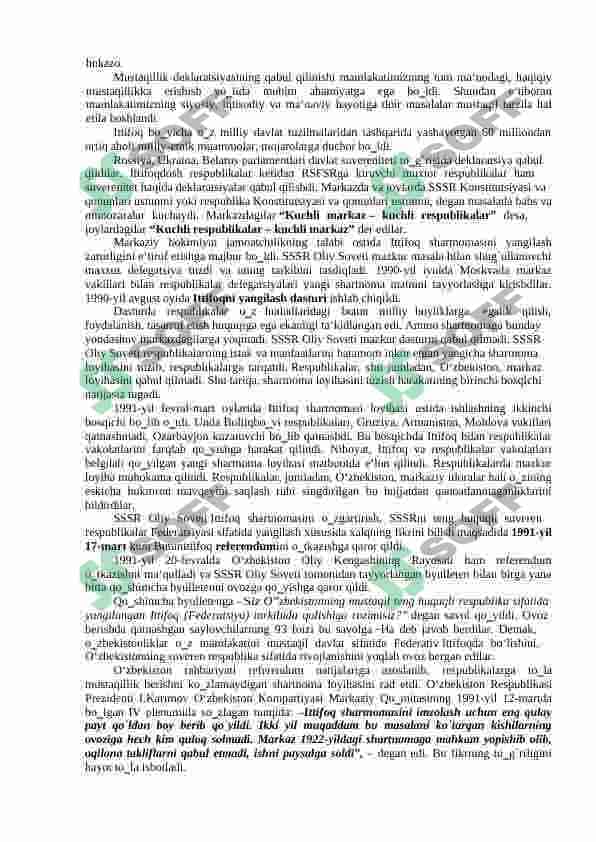O`ZBEKISTON RESPUBLIKASI MUSTAQILLIGINING E‟LON QILINISHI VA UNING TARIXIY AHAMIYATI. 6