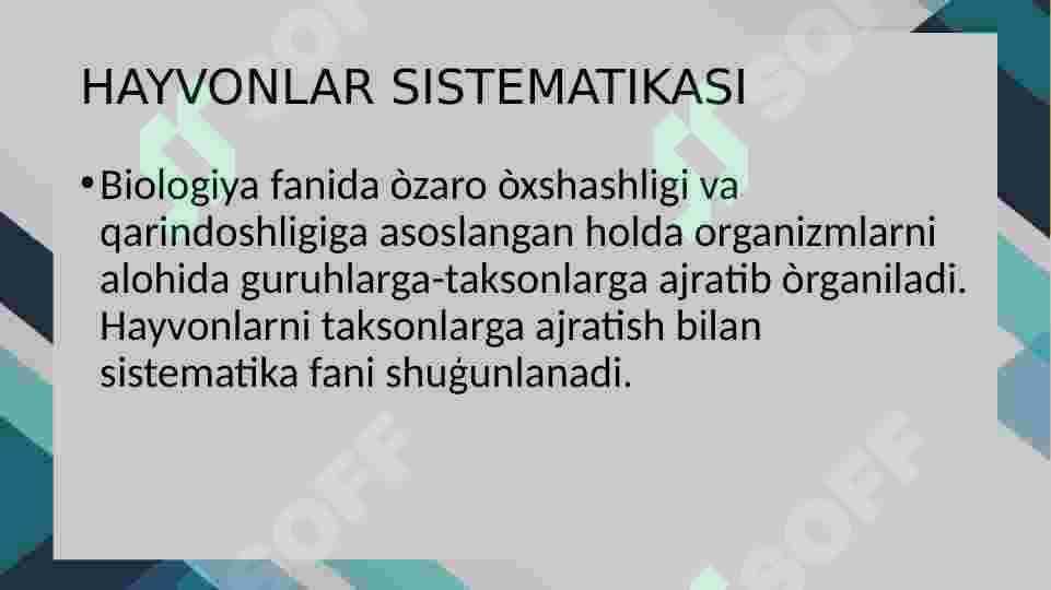 Hayvonlar sistematikasining maqsadi, uslublar ,qisqacha tarixi va uning òrni. 2