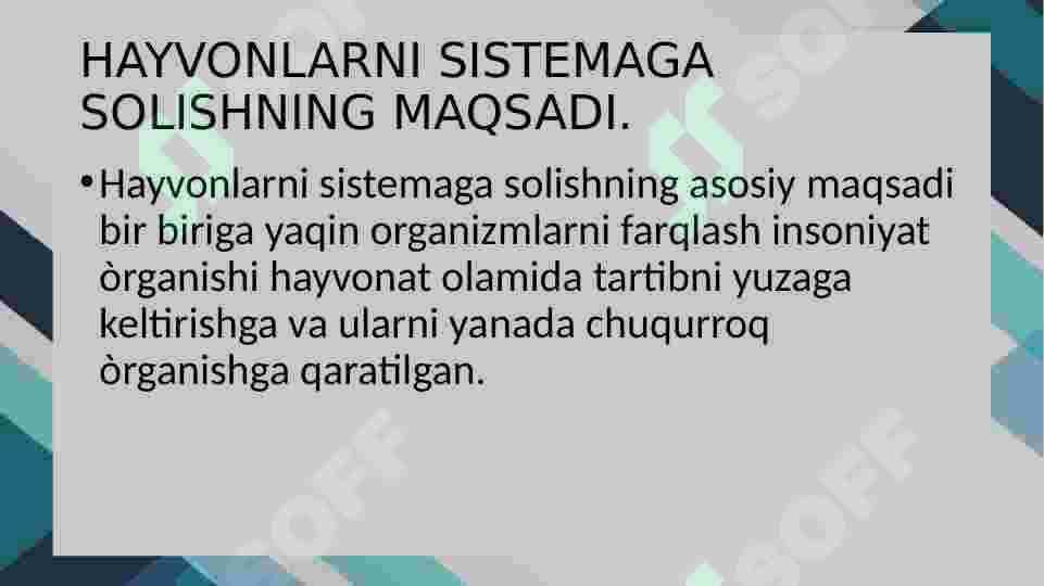 Hayvonlar sistematikasining maqsadi, uslublar ,qisqacha tarixi va uning òrni. 8