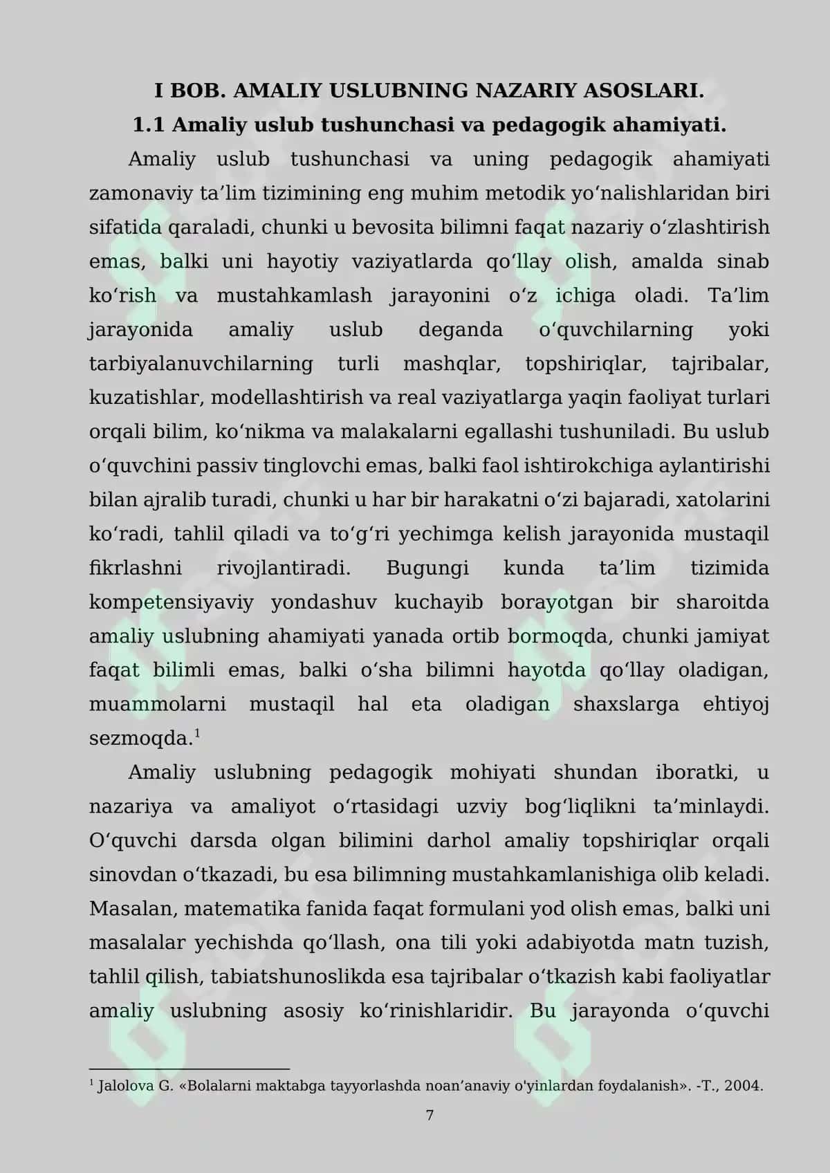 AMALIY USLUB VA UNING TURLARI (TAJRIBA, EKSPERIMENT, O‘YIN ORQALI TA’LIM) PEDAGOGIK TAHLILI 7