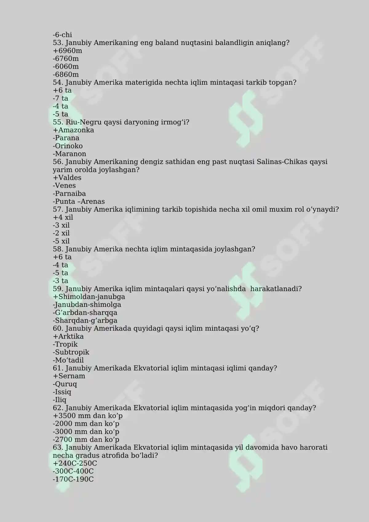 Materiklar va Okeanlar Tabiiy Geografiyasi Fanidan Test Savollari 6