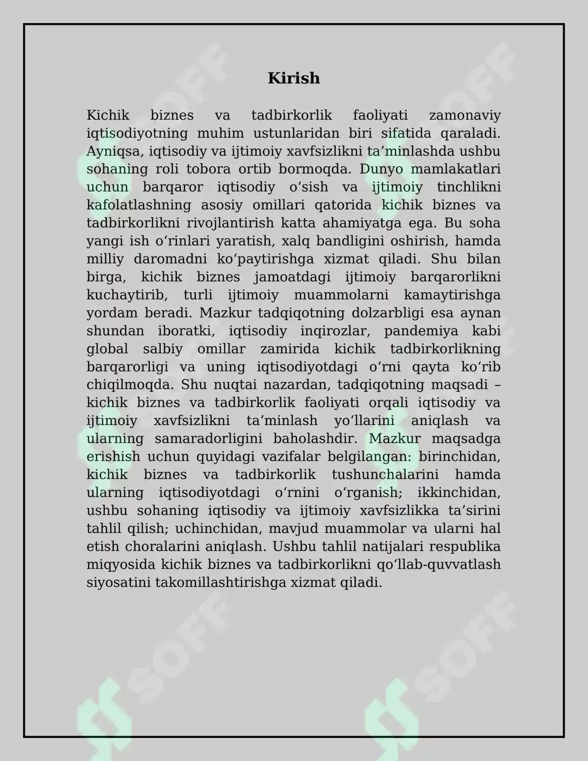 Kichik biznes va tadbirkorlik faoliyatini rivojlantirishning iqtisodiy va ijtimoiy xavfsizlikni ta'minlashdagi ahamiyati 3