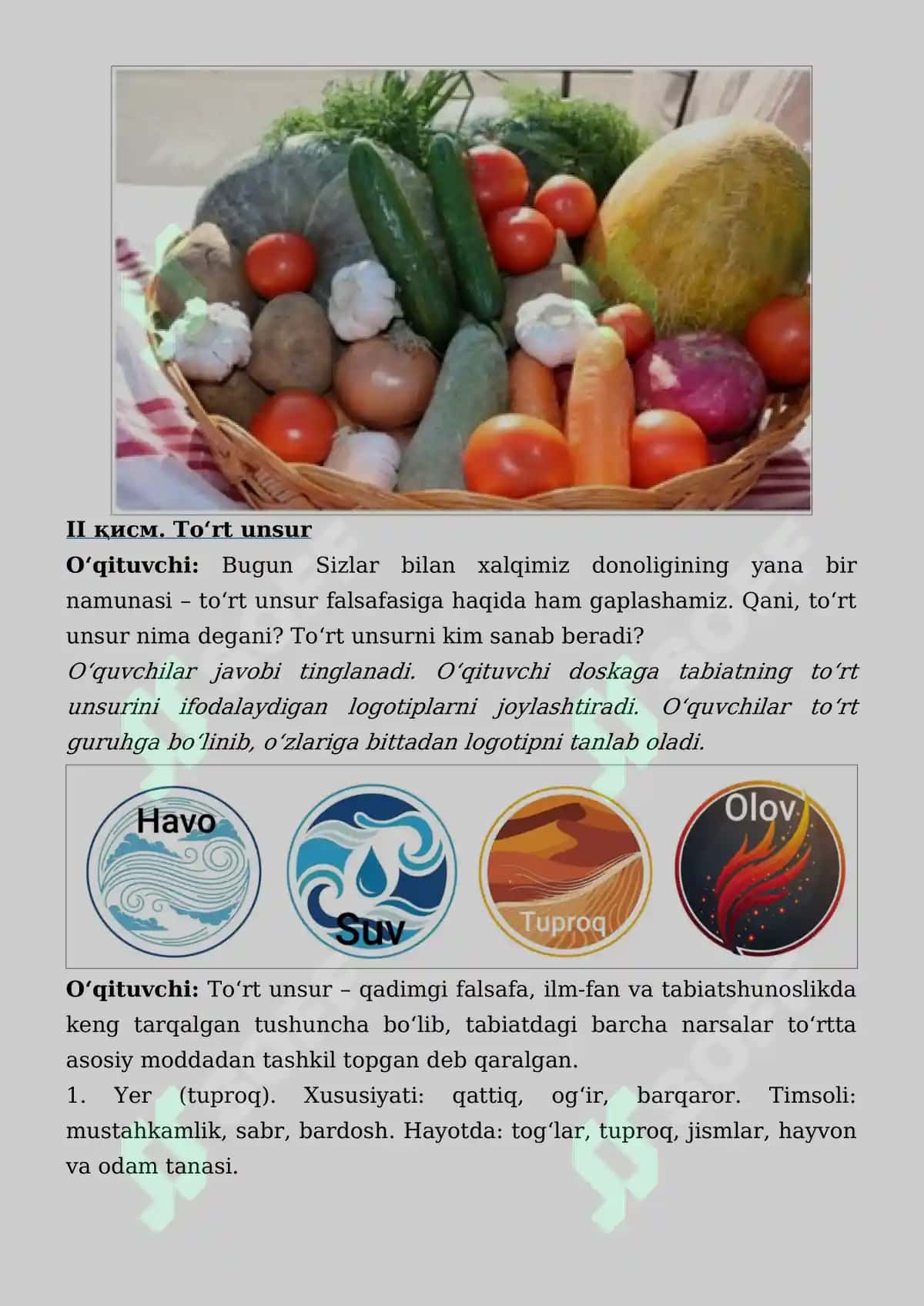 "Kelajak soati" 4-mavzu: Hosil bayrami. To'rt unsur dars ssenariysi 4