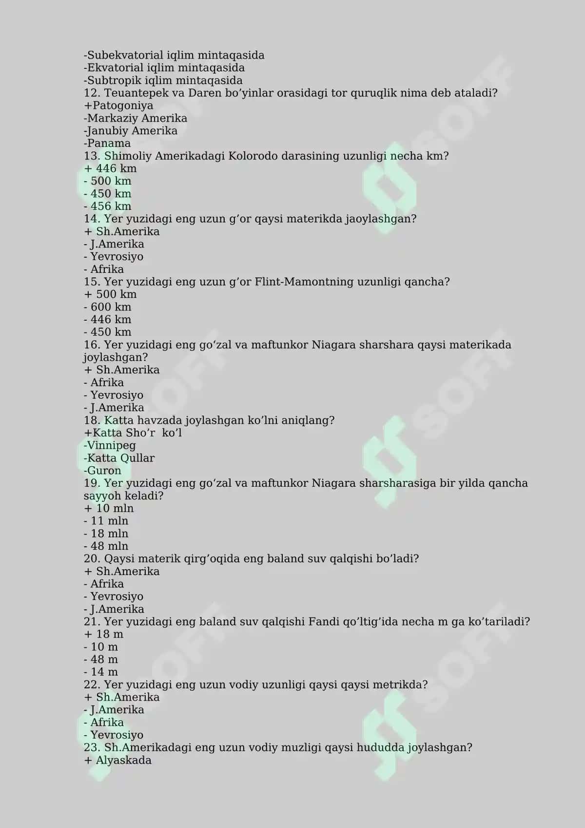Materiklar va Okeanlar Tabiiy Geografiyasi Fanidan Test Savollari 2