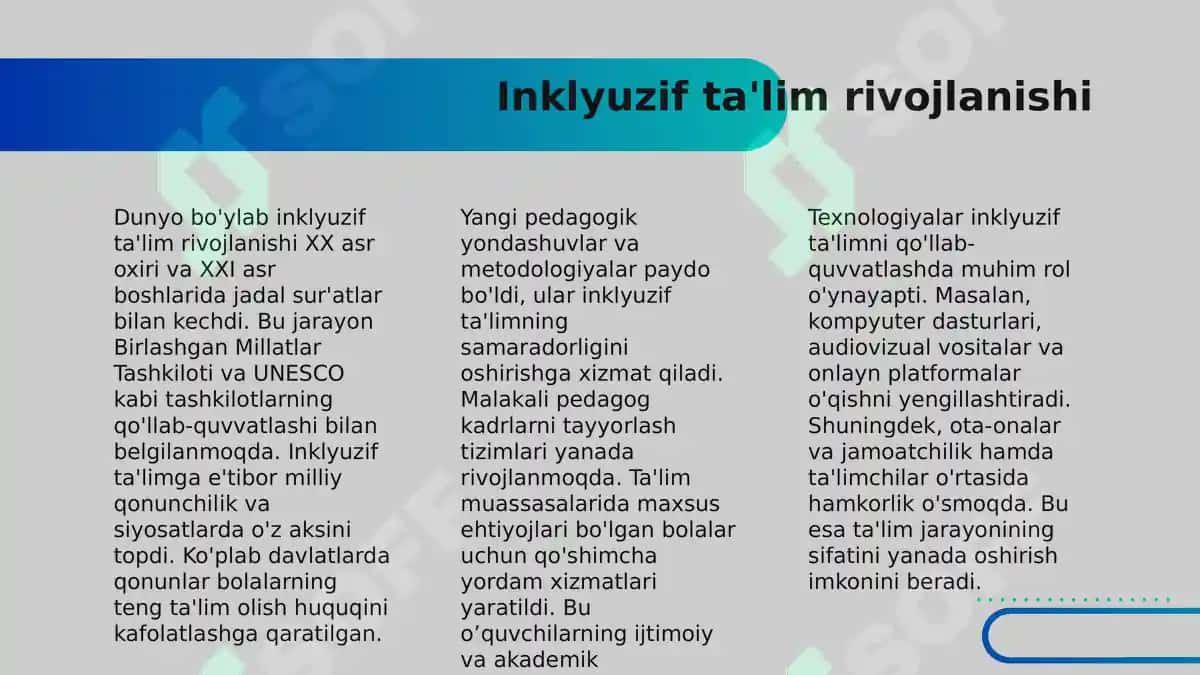 Inklyuzif ta'lim, uy ta'limi va mehrli maktablarga bolalarni jalb etish 4