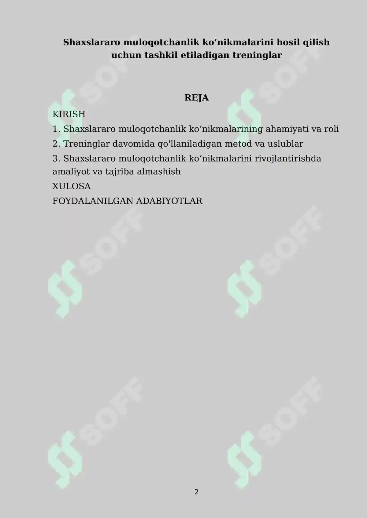 Shaxslararo muloqotchanlik koʻnikmalarini hosil qilish uchun tashkil etiladigan treninglar 2