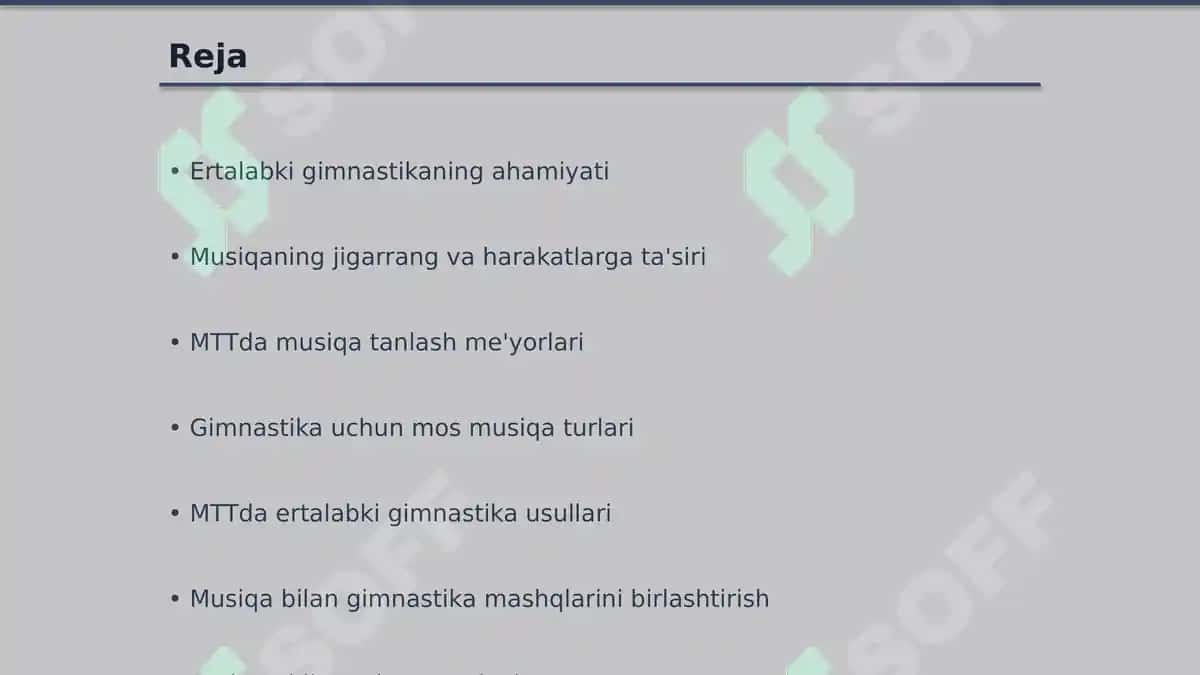 MTTda ertalabki gimnastikani musiqa joʻligiida tashkil etish 2