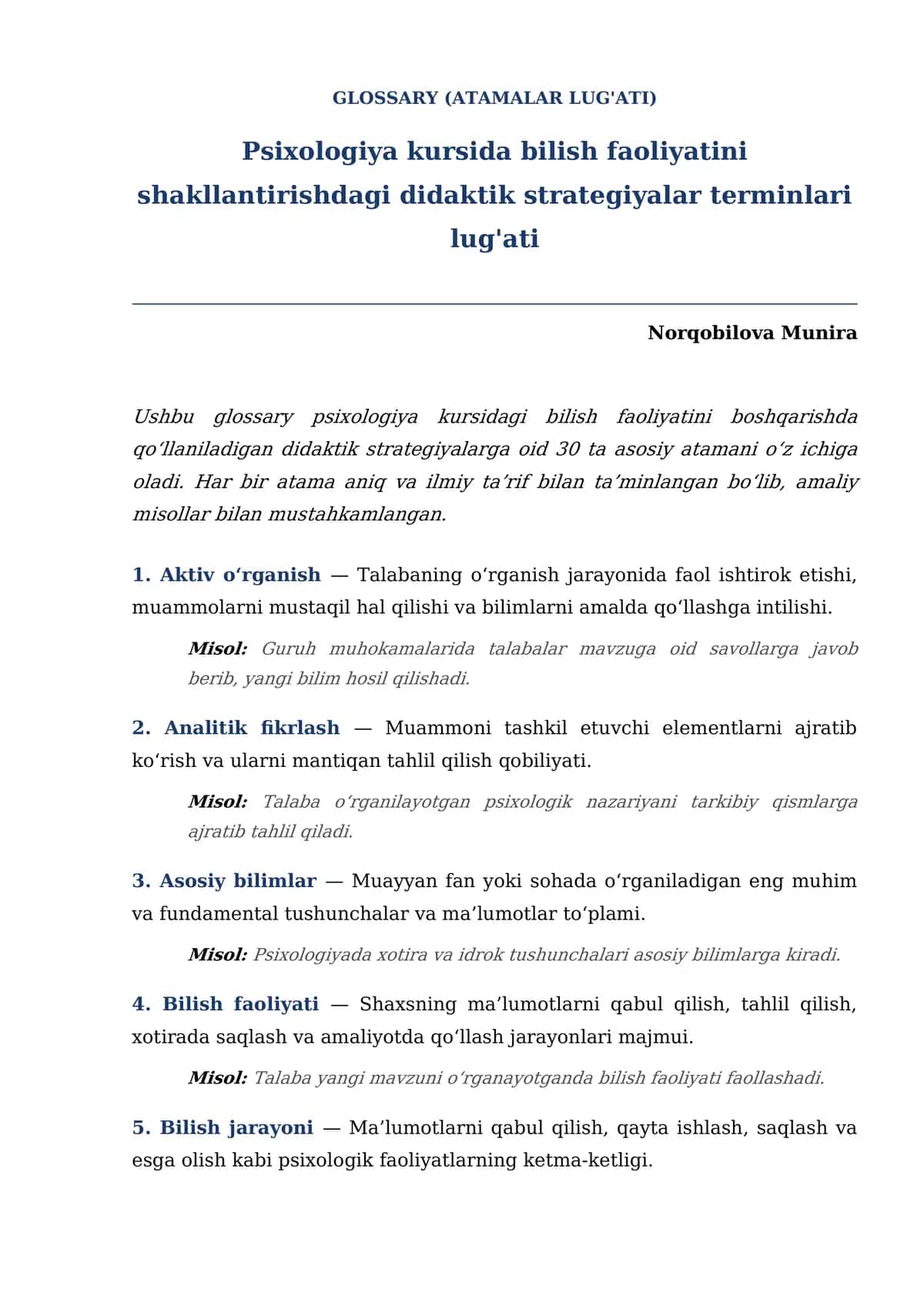 Psixologiya kursida bilish faoliyatini shakllantirishdagi didaktik strategiyalar terminlari lug'ati